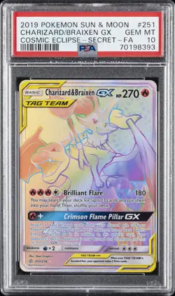 2019 POKEMON SUN & MOON COSMIC ECLIPSE FULL ART/CHARIZARD & BRAIXEN GX PSA 10 - Image 1