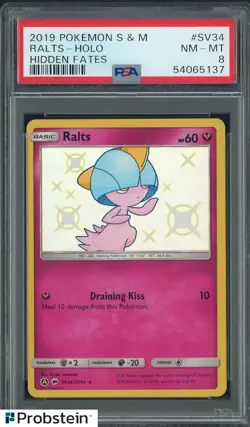2019 Pokemon S & M Hidden Fates #SV34 Ralts - Holo PSA 8 NM-MT - Image 1
