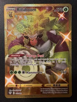2020 Pokemon SWSH Darkness Ablaze Rillaboom 197/189 GOLD SECRET RARE HOLO Card! - Image 1