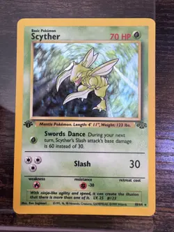 Pokemon TCG 1st Edition Scyther 10/64 Jungle Holo Rare 1998:MP. Free Shipping! - Image 1