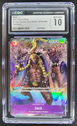 2024 ONE PIECE CCG JACK BANDAI GAMES FEST ST04-008 CGC 10 D RC7 - Image 1