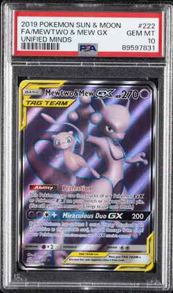 2019 POKEMON SUN & MOON UNIFIED MINDS #222 FULL ART/MEWTWO & MEW GX PSA 10 - Image 1