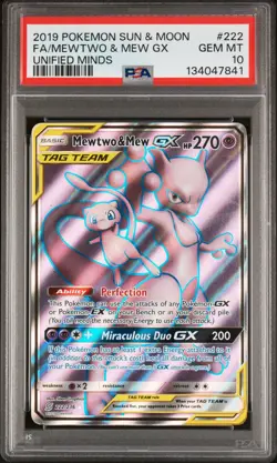 2019 POKEMON SUN & MOON UNIFIED MINDS #222 FULL ART/MEWTWO & MEW GX PSA 10 - Image 1