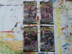 Pokemon TCG Rebel Clash Booster Packs x4 - Complete Art Set w/ Sleeves - Image 1