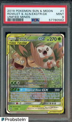 2019 Pokemon Sun & Moon Unified Minds #1 Rowlet & Alolan Exeggutor Gx PSA 9 - Image 1