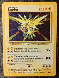 Pokemon Zapdos 16/102 Base Set Unlimited Holo (Non-Shadowless) - MP - Image 1