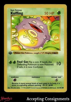 1999 Pokemon Base 1st Edition Shadowless #51 Koffing C - Image 1