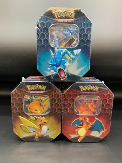 Set of 3 Pokemon TCG Hidden Fates Tins Sealed Charizard Raichu Gyarados - Image 1