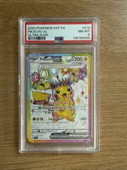 Pokemon 2024 SSP en SV08:SURGING Sparks Pikachu EX Ultra Rare Card 219/191 PSA 8 - Image 1