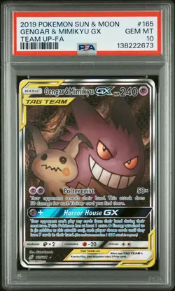 2019 POKEMON SUN & MOON TEAM UP #165 FULL ART/GENGAR & MIMIKYU GX PSA 10 - Image 1