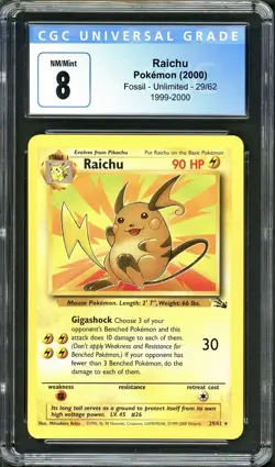 CGC 8 Raichu 29/62 Fossil 1999-2000 THUNDERSTORM EXCLUSIVE Pokemon Card NM+ psa - Image 1