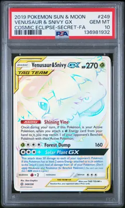 2019 POKEMON SUN & MOON COSMIC ECLIPSE #249 FULL ART/VENUSAUR & SNIVY GX PSA 10 - Image 1