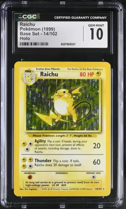 CGC 10 GEM MINT Raichu 1999 Base Set 14/102 Holo Pokemon Card - Image 1