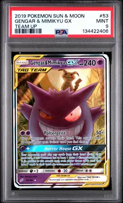 2019 POKEMON SUN & MOON TEAM UP #53 GENGAR & MIMIKYU GX PSA 9 - Image 1