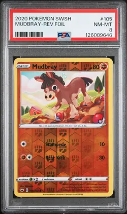 2020 POKEMON SWORD & SHIELD #105 MUDBRAY-REVERSE FOIL PSA 8 - Image 1