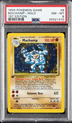 1999 POKEMON BASE SET 1ST EDITION #8 MACHAMP-HOLO PSA 8 - Image 1
