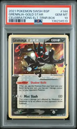 Pokemon Greninja Gold Star Celebrations ETB Black Star Holo Promo SWSH144 PSA 10 - Image 1