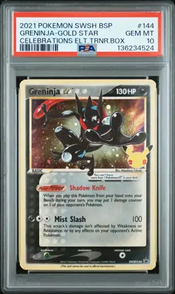 Pokemon Greninja Gold Star Celebrations ETB Black Star Holo Promo SWSH144 PSA 10 - Image 1