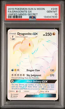 2019 POKEMON SUN & MOON UNIFIED MINDS SECRET #248 FULL ART/DRAGONITE GX PSA 10 - Image 1
