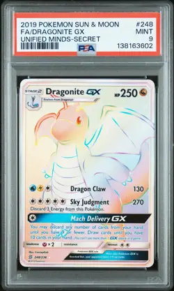 2019 POKEMON SUN & MOON UNIFIED MINDS SECRET #248 FULL ART/DRAGONITE GX PSA 9 - Image 1