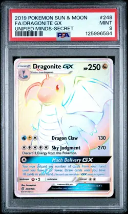 2019 POKEMON SUN & MOON UNIFIED MINDS SECRET #248 FULL ART/DRAGONITE GX PSA 9 - Image 1