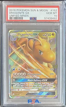 2019 Pokemon Sun & Moon Dragonite GX Unified Minds #152 PSA 10 Gem Mint Full Art - Image 1