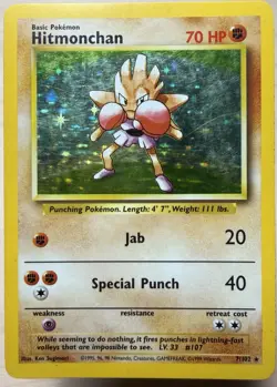 Pokemon TCG Hitmonchan Base Set Holo Unlimited Rare Card 7/102 LP-NM Condition - Image 1