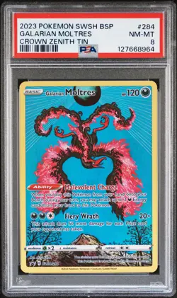 2023 POKEMON SWSH BLACK STAR PROMO CROWN ZENITH TIN #284 GALARIAN MOLTRES PSA 8 - Image 1