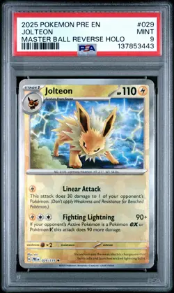 2025 POKEMON PRE EN-PRISMATIC EVOLUTIONS MASTER BALL REVERSE HOLO JOLTEON PSA 9 - Image 1