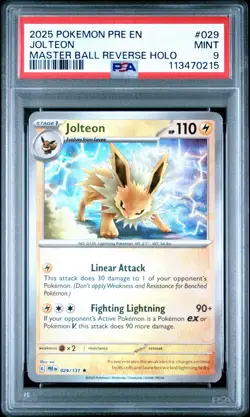 2025 POKEMON PRE EN-PRISMATIC EVOLUTIONS MASTER BALL REVERSE HOLO JOLTEON PSA 9 - Image 1