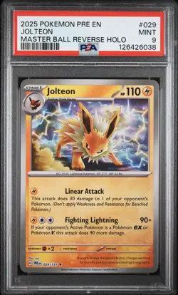 2025 POKEMON PRE EN-PRISMATIC EVOLUTIONS MASTER BALL REVERSE HOLO JOLTEON PSA 9 - Image 1