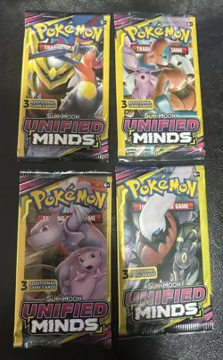 Pokemon Sun & Moon Unified Minds 3 Card Mini Booster Pack-4 Packs-Art Set Sealed - Image 1