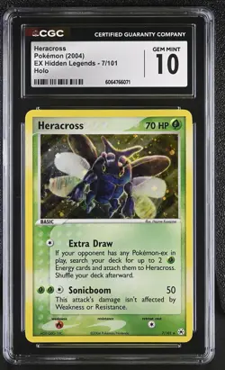 CGC 10 GEM MINT Heracross 2004 EX Hidden Legends 7/101 Holo Pokemon Card - Image 1