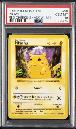 1999 POKEMON BASE SET SHADOWLESS RED CHEEKS-#58 PIKACHU PSA 10 - Image 1