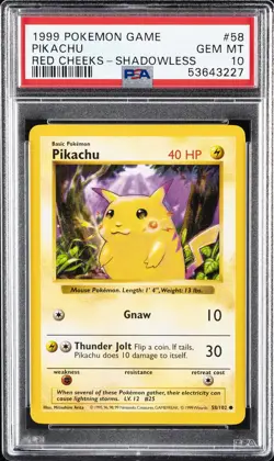 1999 POKEMON BASE SET RED CHEEKS-SHADOWLESS #58 PIKACHU PSA 10 - Image 1