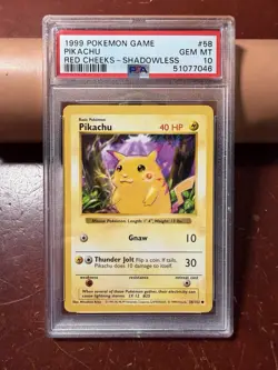 PSA 10 PIKACHU RED CHEEKS SHADOWLESS 1999 POKEMON GAME BASE SET 58 GEM MINT - Image 1