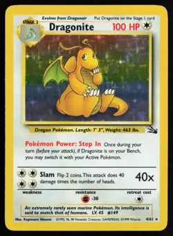 1999 Pokemon WOTC Dragonite Fossil Unlimited Holo #4 /62 LP++ - Image 1