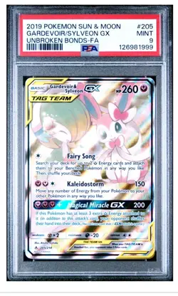 Pokemon TCG 2019 Sun & Moon Unbroken Bonds Gardevoir & Sylveon GX 205/214 PSA 9 - Image 1