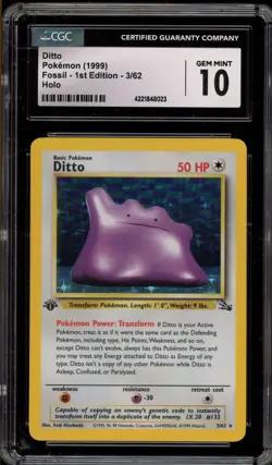 Pokemon Ditto Fossil 1st Edition Holo Rare #3 CGC 10 Gem Mint - Image 1