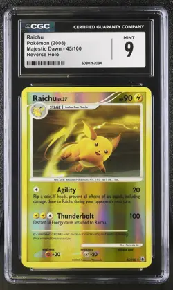 CGC 9 MINT Raichu 2008 Majestic Dawn 45/100 Reverse Holo Pokemon Card - Image 1