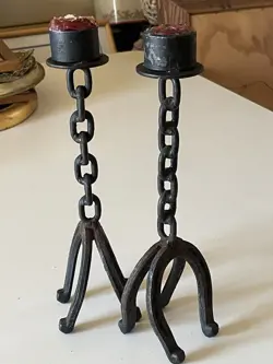 Pair of Black Iron Chain Candle Holders, Rustic Industrial, 13.5" Decorative - Image 1