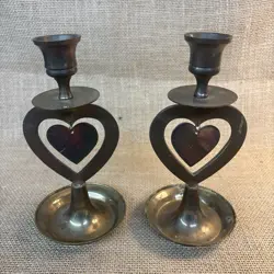 Brass Heart Candlestick Candle Holders Made India 7" Vintage Set 2 Valentines - Image 1