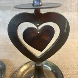 Brass Heart Candlestick Candle Holders Made India 7" Vintage Set 2 Valentines - Image 2