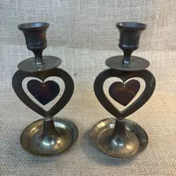 Brass Heart Candlestick Candle Holders Made India 7" Vintage Set 2 Valentines - Image 3