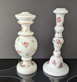 2 - Milk Glass Vintage Table Lamp Parts, Project Candlesticks U Hand Painted. - Image 1