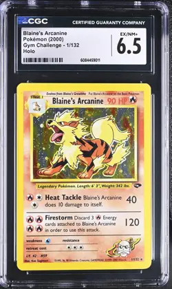 CGC 6.5 EX/NM + Blaine's Arcanine 2000 Gym Challenge 1/132 Holo Pokemon Card - Image 1