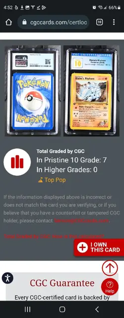 (POP 7) CGC 10 1st Edition Blaine’s Rhyhorn 65/132 Gym Challenge Pokemon Card - Image 4