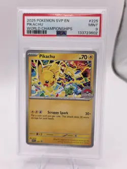 2025 POKEMON SVP EN-SV BLACK STAR PROMO WORLD CHAMPIONSHIPS #225 PIKACHU PSA 9 - Image 1