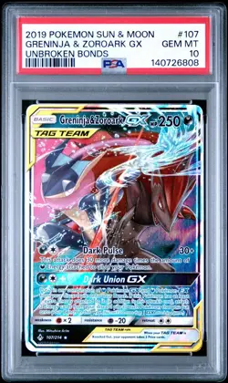 2019 Pokemon Sun & Moon Greninja & Zoroark GX #107 Unbroken Bonds PSA 10 - Image 1