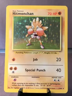 Pokemon TCG Hitmonchan 7/102 Base Set Unlimited Holo Rare 1999 VTG WOTC NM/LP - Image 1